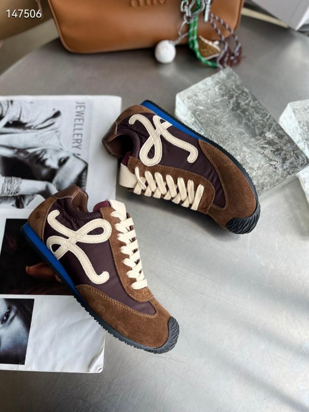 Loewe Flow Runner Brown Suede Sneakers with Blue Sole - NEW